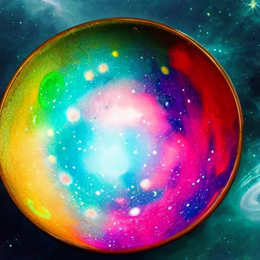 Image similar to a picture of a cereal bowl with a nebula inside, highly intricate and colorful, nebula, galaxy, hd, 4 k