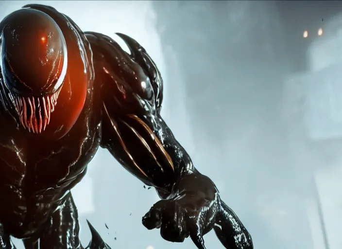 Image similar to venom fused with doomslayer, ultra realistic 4 k unreal engine very cinematic render with ray tracing bloom ambient occlusion strong reflections depth of field fog