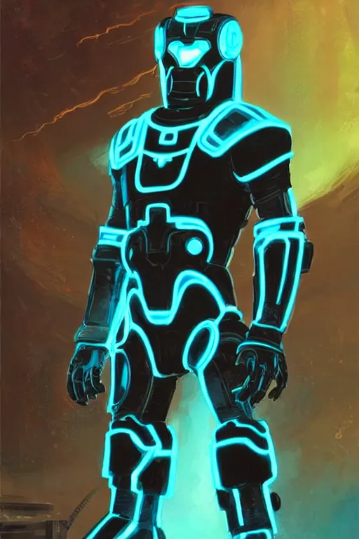 Image similar to tron themed fallout power armor, by craig mullins