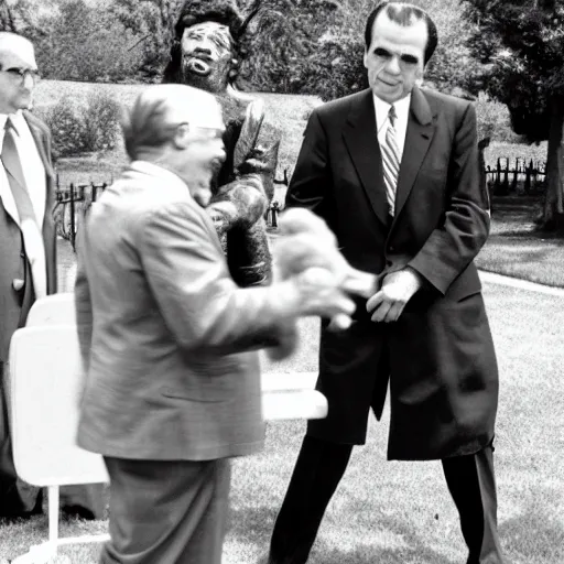 Image similar to Richard Nixon being secretly photographed meeting Big Bird in a park, cia, black and white photo, photorealistic