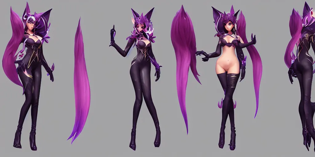 Prompt: Character sheet of bewitching ahri (League of Legends). 3d render, octane render, game art, realistic, highly detailed, trending on artstation, 4k, trending on artstation, pixar, cgsociety, unreal engine 5, redshift render, trending on artstation, blender, behance, cg