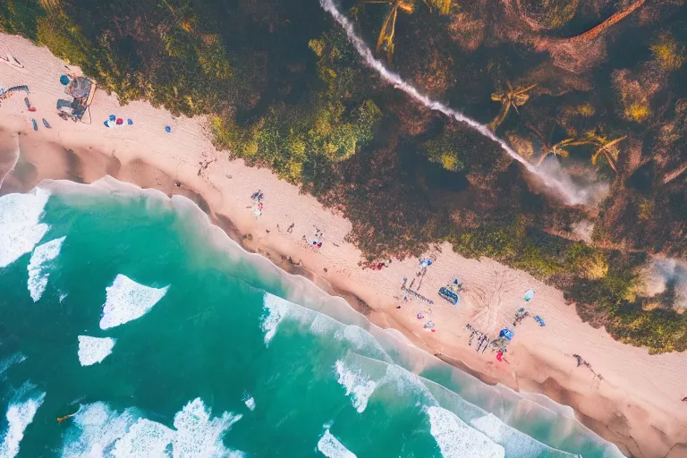 Prompt: drone shot of fire on the beach