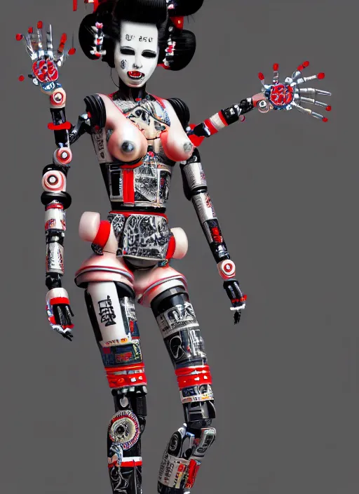 Image similar to full body photo of a punk geisha robot with kanji tattoos and decals wearing a digital pixelated kimono, intricate design, photo - realistic, octane render, ultra fine detailed, character design, trending on artstation