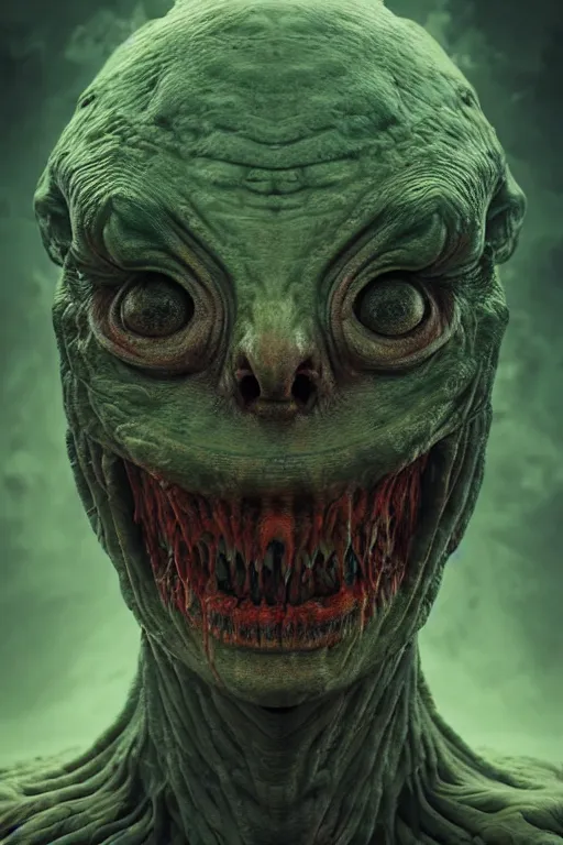 Image similar to perfectly - centered horror portrait - photograph of a brutal scary terrifying ugly monstrous alien goblin creature real life portrait by beksinski and jean delville, slimy pus oozing specular, unreal engine 5, photorealism, hd quality, 8 k resolution, cinema 4 d, hdr dramatic cinematic lighting