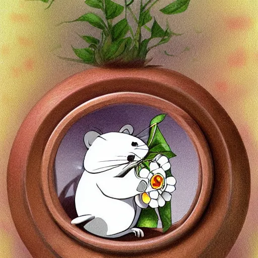 Image similar to white rat holding a flower cinematic composition, studio ghibli, digital art, cute