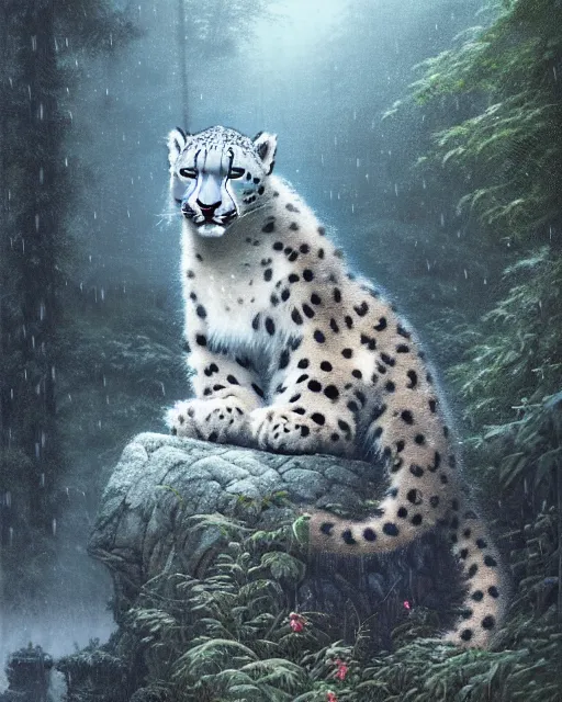 Prompt: portrait of a snow leopard sitting in the rain in a dark misty rainforest, highly detailed, intricate background, complex 3 d render by ilya kuvshinov, peter mohrbacher, greg rutkowski, karl spitzweg, thomas kinkade, victo ngai