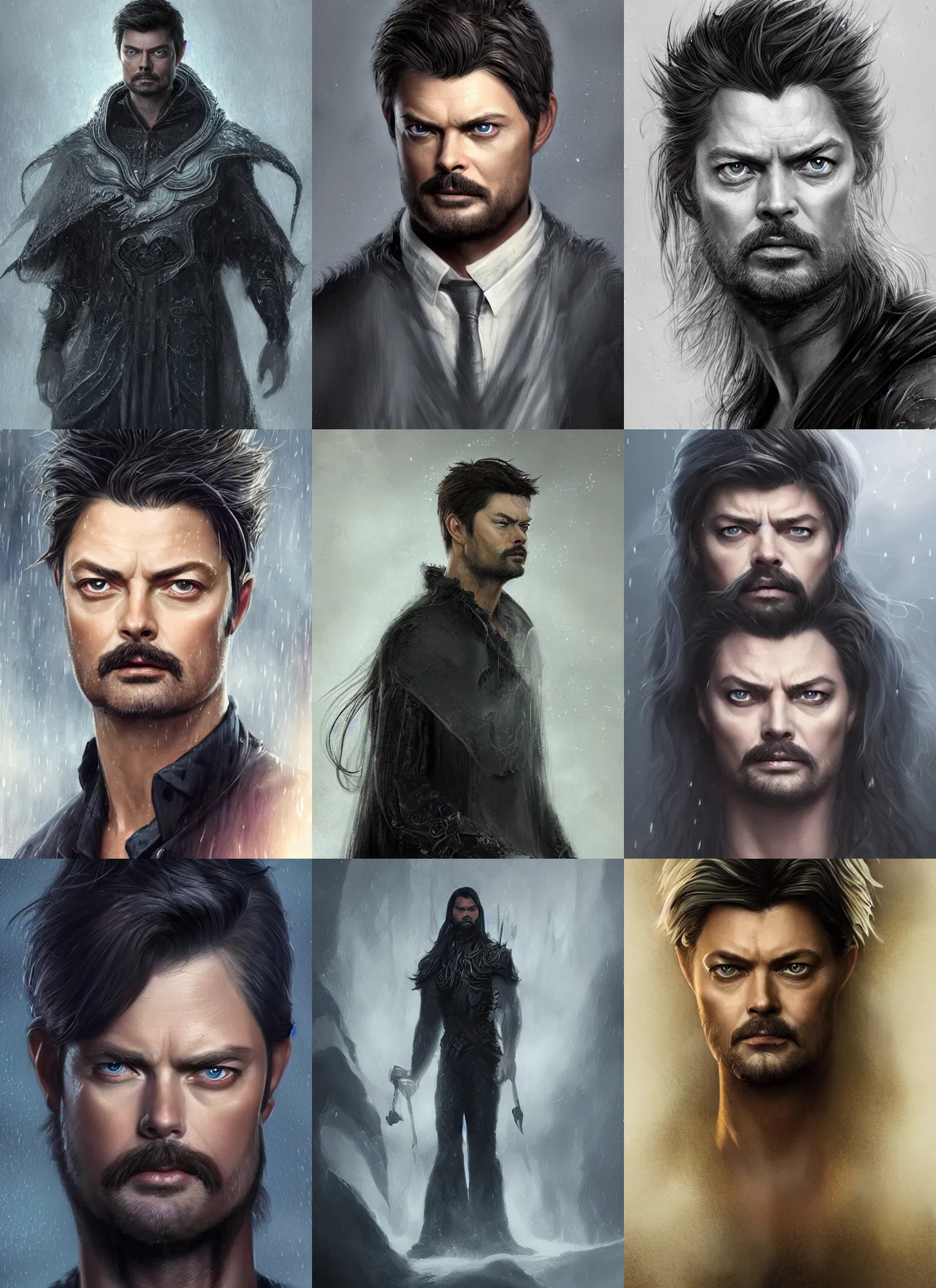 Prompt: portrait karl urban as male warlock, storm, rain, ghost, long hair, beard, moustache, d&d, intricate, elegant, highly detailed, digital painting, artstation, concept art, smooth, sharp focus, illustration, daren bader, aleksi briclot, rutkowski, bouguereau