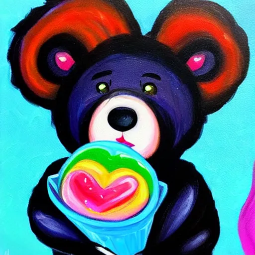 Image similar to a jeremiah ketner and lisa frank acrylic impasto!! painting of an adorable and cute bear eating candy