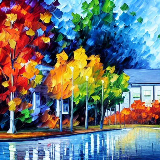 Image similar to young building, camosun college, painted by leonid afremov