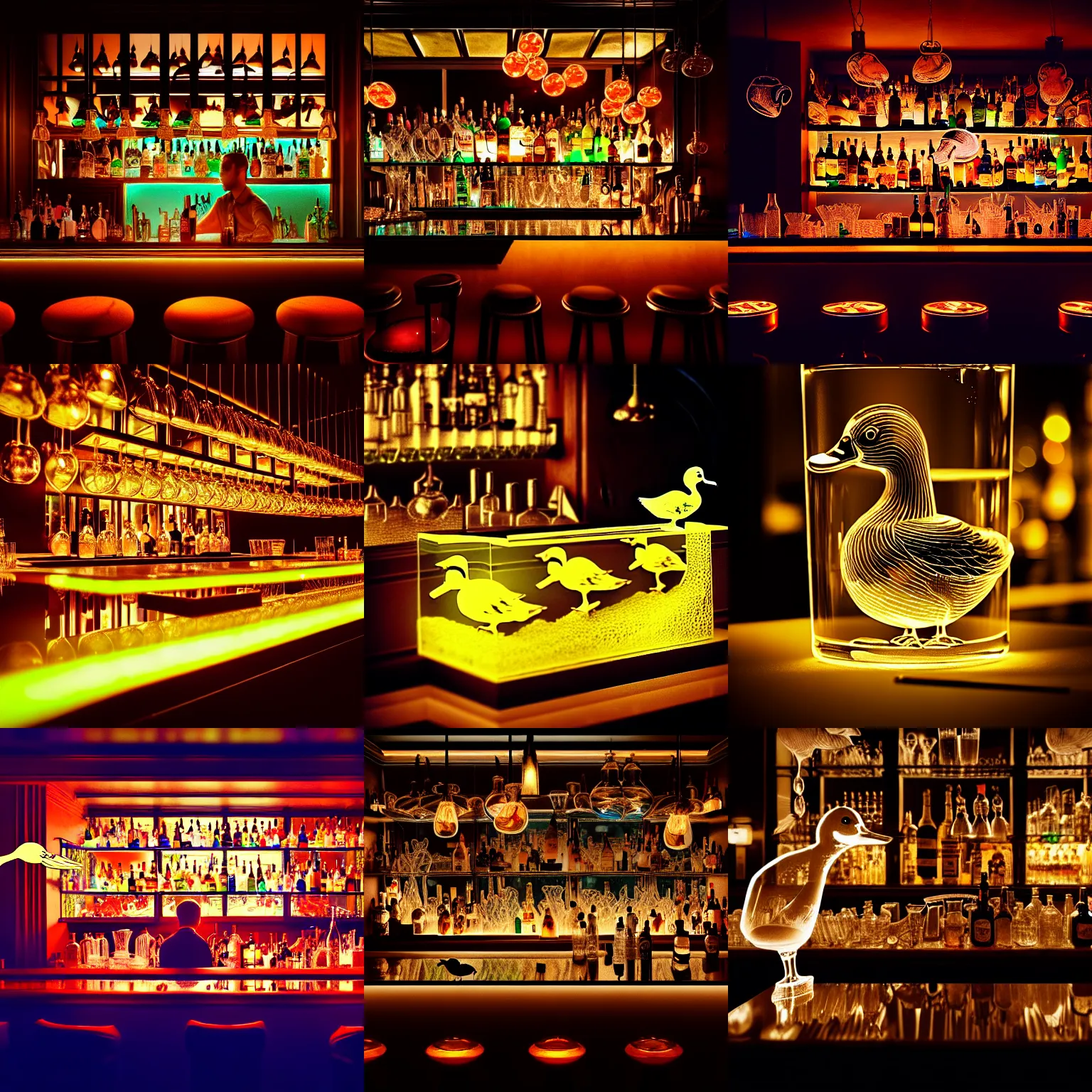 Prompt: a photo of a [ busy bar with a transparent duck made of glass ], intricate, epic lighting, cinematic composition, hyper realistic, artstation