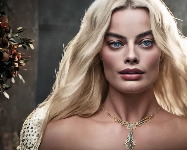 Image similar to Margot robbie as a goddess in heaven, Photography, Cinematic, Portrait, insanely detailed and intricate, hypermaximalist, elegant, ornate, hyper realistic, super detailed