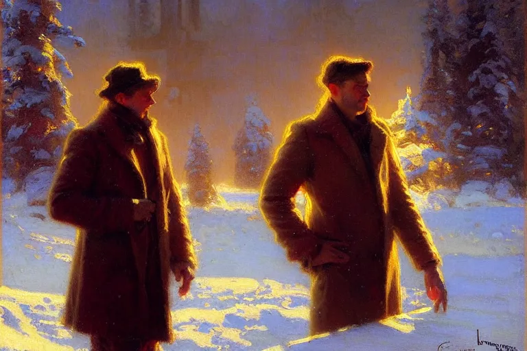 Image similar to winter, attractive male, neon light, painting by gaston bussiere, craig mullins, j. c. leyendecker