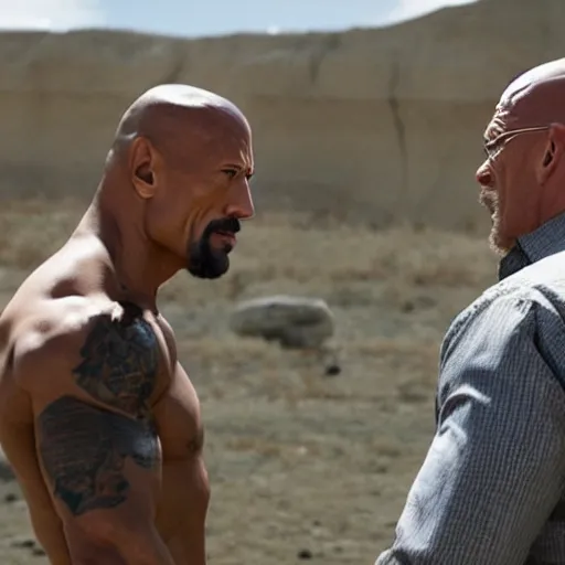 Prompt: dwayne johnson in a duel to the death with walter white