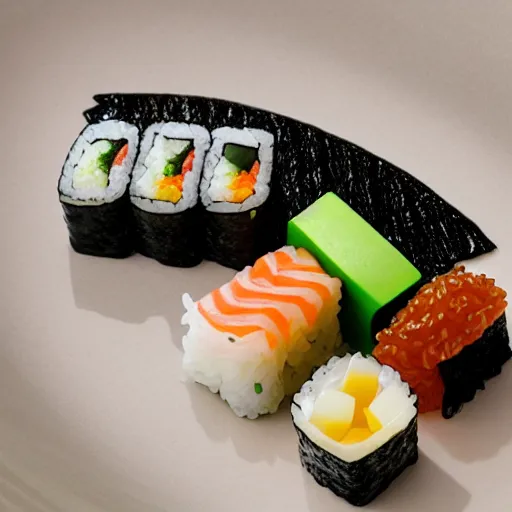 Prompt: a piece of sushi designed by Issey Miyake high detail photo glistening rice and seaweed food photography