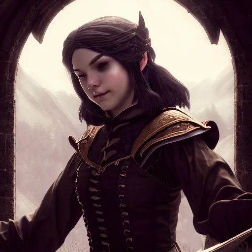 Image similar to selfie of lisette the bard of the winking skeever, skyrim, fine detailed face, enb, ks hairdo, stunning 3 d render inspired art by greg rutkowski and xiang duan and thomas eakes, realistic, highly detailed attributes and atmosphere, dim volumetric cinematic lighting, 8 k octane detailed render, post - processing, masterpiece