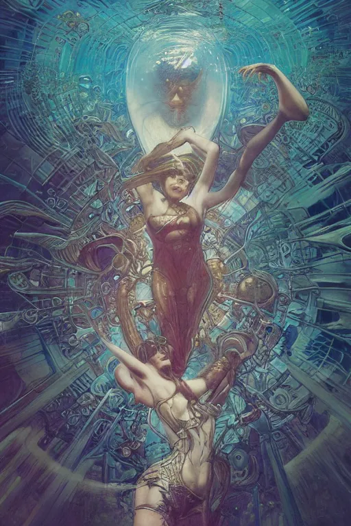Prompt: swimming through time, inter dimensional clockwork, by artgerm and yoshitaka amano and moebius and hr giger and zdislaw beksinski and alphonse mucha, hyperdetailed, glamour, surreal, dc comics, ornate, nebula, explosions in the sky, trending on artstation