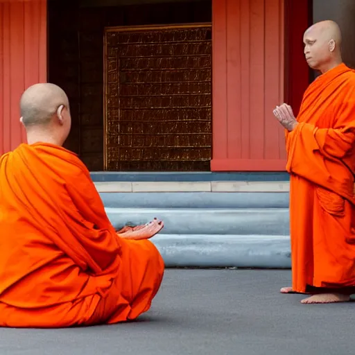 Prompt: donald trump, dressed in orange monk's robes, quietly meditating in a buddhist temple