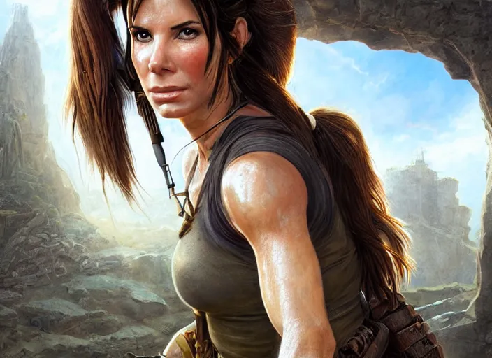 Image similar to face portrait of concentrated young Sandra Bullock as Lara Croft with pig-tails entering an incredible epic ruin, glorious sun beams, intricate, elegant, highly detailed, digital painting, short focus, illustration, Allan Lee, John Howe