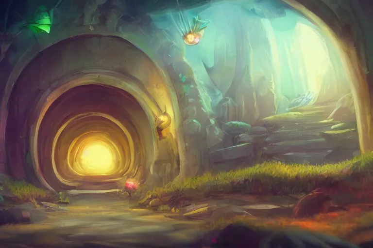 Image similar to a tunnel towards dreamy land ,concept art trending on artstation, golden rule, magical world ,