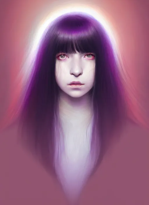 Image similar to portrait of teenage girl with white bangs, red irises, black hair, purple clothes, white bangs, bangs are different color from hair, intricate, front of hair is white rest is black, elegant, glowing lights, highly detailed, digital painting, artstation, concept art, smooth, sharp focus, illustration, art by wlop, mars ravelo and greg rutkowski