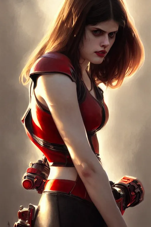 Image similar to alexandra daddario as harley qwin, realistic portrait, symmetrical, highly detailed, digital painting, artstation, concept art, smooth, sharp focus, illustration, cinematic lighting, art by artgerm and greg rutkowski and alphonse mucha