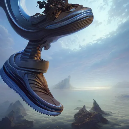 Image similar to futuristic balenciaga sneakers by jesper ejsing, james jean, justin gerard, tomasz alen kopera, cgsociety and fenghua zhong, subsurface scattering, highly detailed, rim light, art, cinematic lighting, very coherent, hyper realism, high detail, 8 k