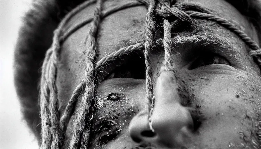 Image similar to 1 9 7 0 s movie still close - up of marcus atilius regulus'face tied with ropes at a pole with forced - open bleeding eyes looking at the burning sun, cinestill 8 0 0 t 3 5 mm b & w, high quality, heavy grain, high detail, texture, dramatic light, anamorphic, hyperrealistic, detailed hair