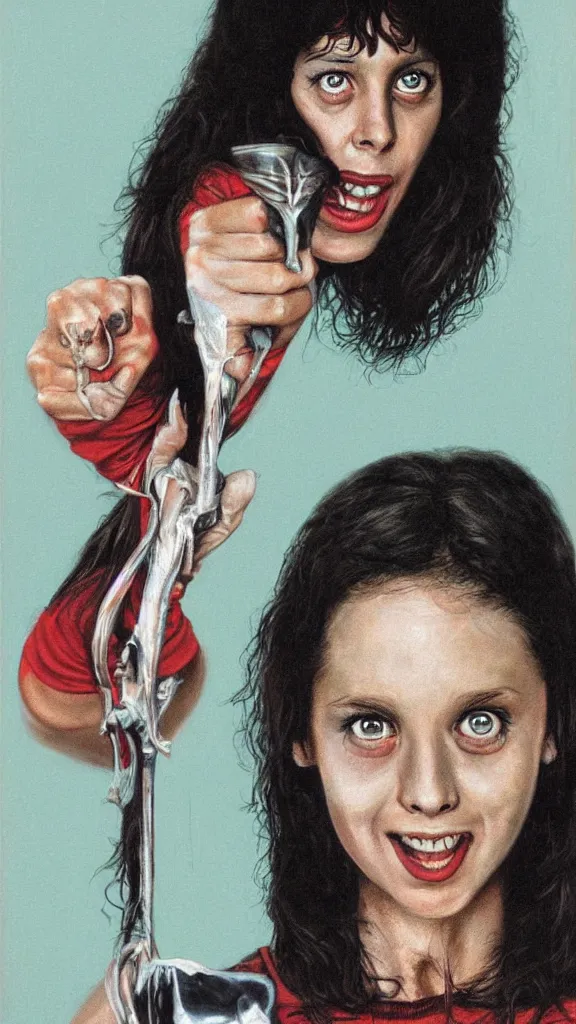 Prompt: Portrait of Angela from Sleepaway Camp (1983) by Les Edwards, poster artwork