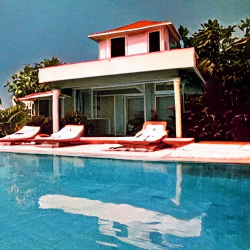 Prompt: a beach house villa in 1 9 7 4 color