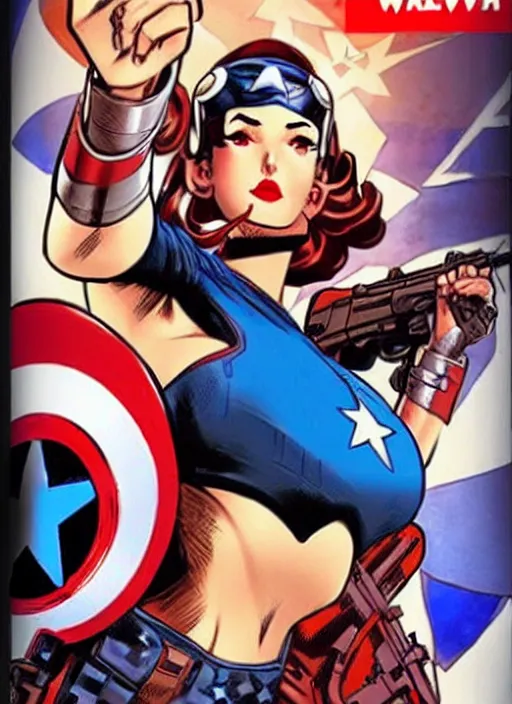 Image similar to syrian female captain america. feminist captain america wins wwii. american wwii propaganda poster by masamune shirow, rob liefeld and pixar. gorgeous face. pin up model. overwatch.