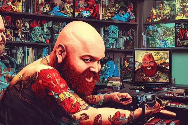 Image similar to a bald man with a big red beard playing video games by dan mumford and sandra chevrier, 4 k