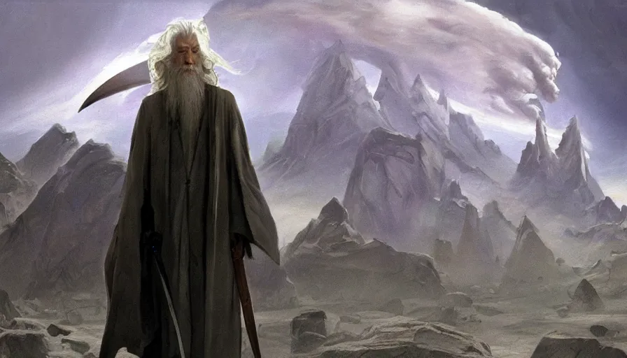 Image similar to a beautiful painting of gandalf on an alien world, ray traced lighting by jean claude mezieres