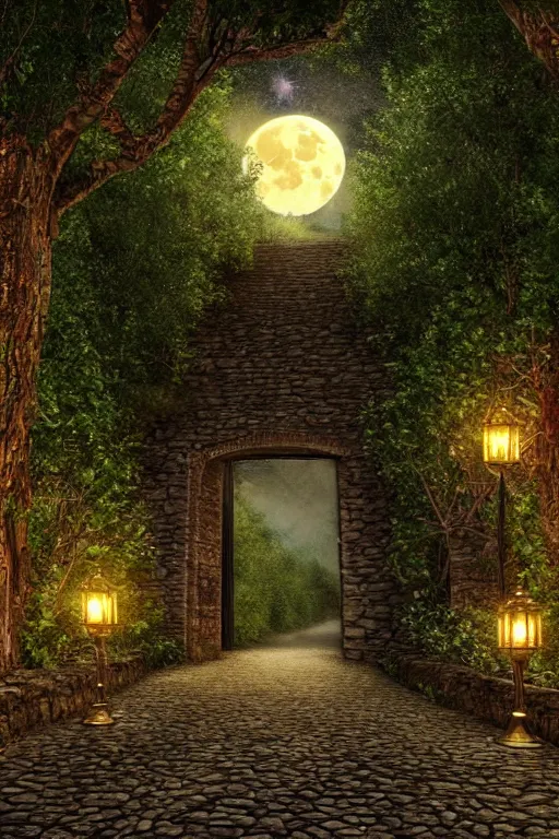 Image similar to a beautiful digital glossy clear sharp of a detailed gothic fantasy fireflies forest trees and iron gate cobblestone pathway vines full moon by james gurney, 8 k resolution trending on artstation concept art digital illustration