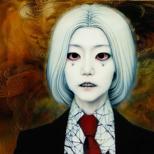 Prompt: yoshitaka amano blurred and dreamy realistic portrait of a woman with white hair and black eyes wearing office suit with tie, junji ito abstract patterns in the background, satoshi kon anime, noisy film grain effect, highly detailed, renaissance oil painting, weird portrait angle, blurred lost edges, three quarter view