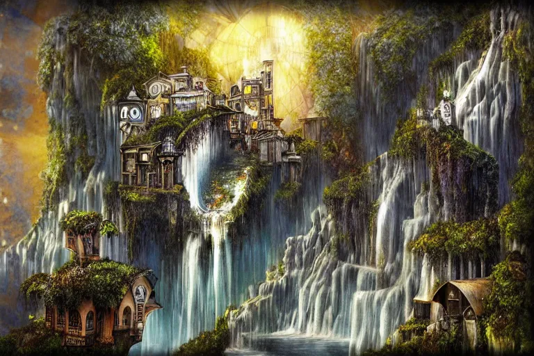 Image similar to gothic waterfall favela honeybee hive, art nouveau environment, godbeams, industrial factory, award winning art, epic dreamlike fantasy landscape, ultra realistic,