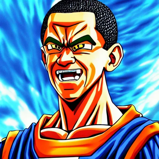 Image similar to ultra realistic portrait painting of barak obama as super saiyan 3 goku, art by akira toriyama, 4 k, dragon ball artstyle, cel shaded, highly detailed, epic lighting