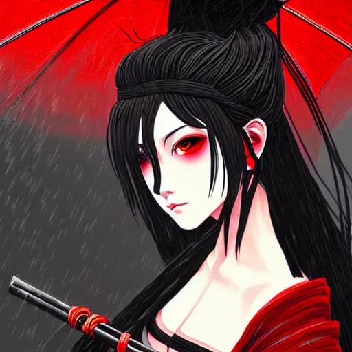 Image similar to seductive female samurai, in the rain, highly detailed, painting, dark red and black color palette, intricate, high quality, anime artstyle, in the style of sana takeda