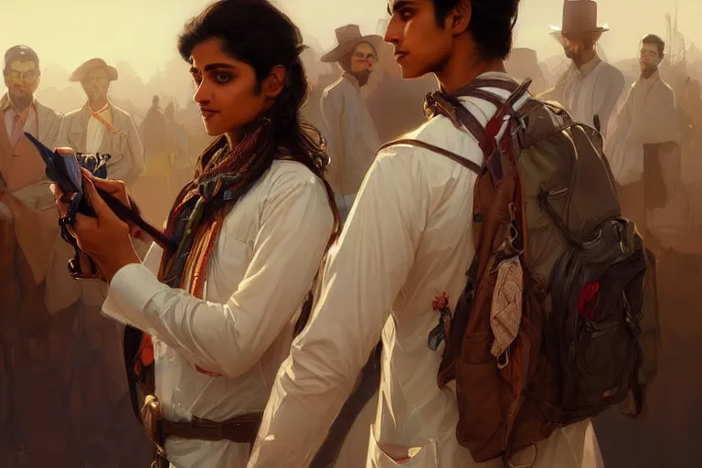 Image similar to Anxious good looking pale young Indian doctors wearing Western clothes at the airport, portrait, elegant, intricate, digital painting, artstation, concept art, smooth, sharp focus, illustration, art by artgerm and greg rutkowski and alphonse mucha