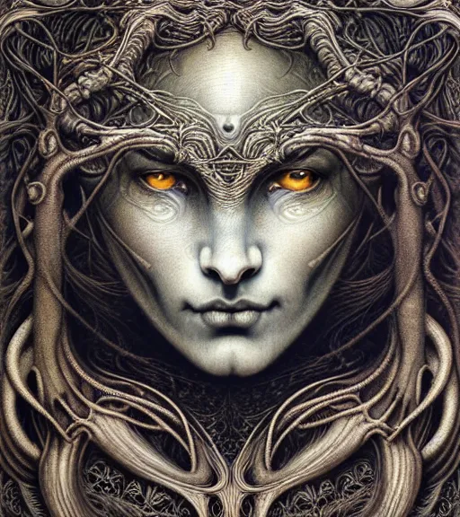 Image similar to detailed realistic beautiful werewolf goddess face portrait by jean delville, gustave dore, iris van herpen and marco mazzoni, art forms of nature by ernst haeckel, art nouveau, symbolist, visionary, gothic, neo - gothic, pre - raphaelite, fractal lace, intricate alien botanicals, ai biodiversity, surreality, hyperdetailed ultrasharp octane render