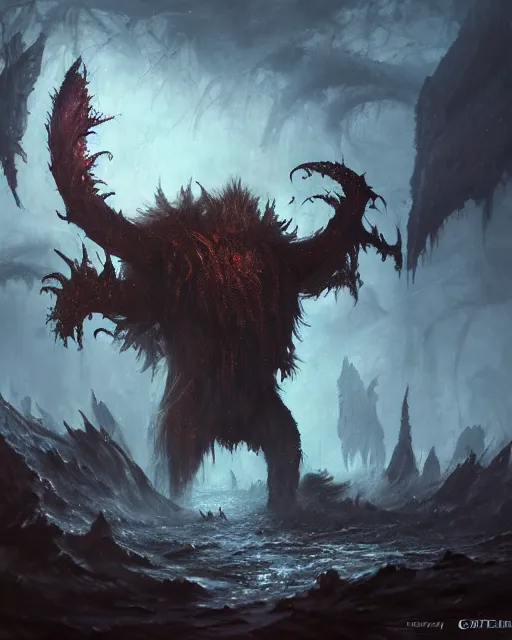 Image similar to oil painting of Angry Lovecraftian Beast Berserker, wearing fur armor, claws, sharp focus, attack pose, fantasy style, octane render, volumetric lighting, 8k high definition, by greg rutkowski, highly detailed, trending on art Station, magic the gathering artwork, spaceship hallway background, centered, horror, sci-fi atmosphere