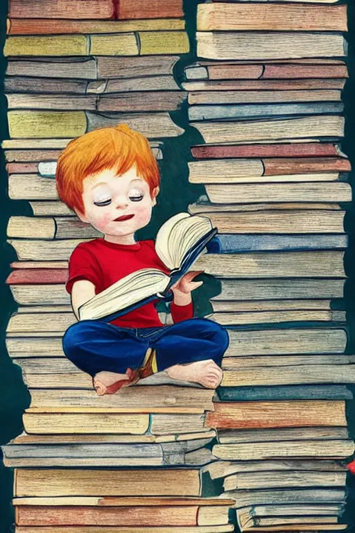 Image similar to a little boy with ginger hair sits cross legged on top of a tall pile of books. he is reading. clean elegant pretty cartoon painting, beautiful detailed face, storybook illustration.