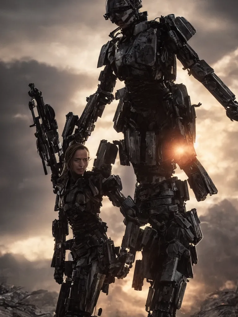 Image similar to emily blunt in futuristic power armor, holding a sword, edge of tomorrow, angel of verdun, sunset