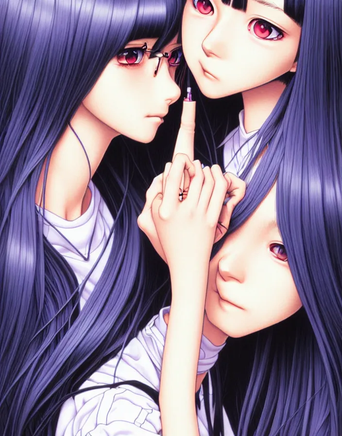 Image similar to extremely detailed color ink pen graphic novel  illustration of a dainty young truant female stoner prep highschool school student with medium length silky straight iridescent black hair and lightly suntanned skin, illustrated by Artgerm and Range Murata.