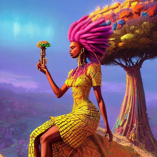 Prompt: a very regal african cyberpunk queen with colorful! dreadlocks and lots of jewlery sitting on a cliff overlooking a field of colorful flowers with a giant glowing baobab tree in the middle, it is sunset, by greg rutkowski and android jones and Alena Aenami in a surreal cyberpunk! style, oil on canvas, highly detailed face, 8k hd,