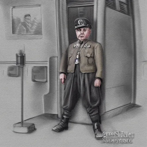 Prompt: hitler as midget standing in train station, portrait, artstation, concept art by greg rutkowsk