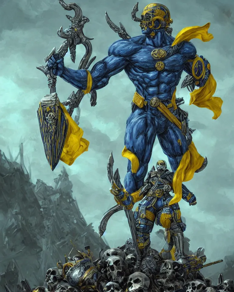 Image similar to a distant shot of one!!!!! single super soldier with blue and yellow flag and a trident symbol standing alone on a huge pile of skulls as a winner, masculine figure, D&D, fantasy, intricate, elegant, highly detailed, extremely detailed, digital painting, artstation, concept art, matte, smooth, sharp focus, illustration, art by Artgerm and Greg Rutkowski and Alphonse Mucha