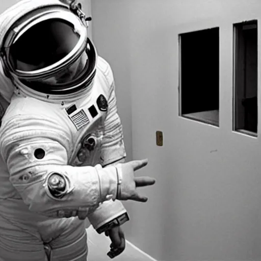 Image similar to photograph of an astronaut in handcuffs inside a jail cell