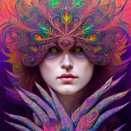 Prompt: An extremely psychedelic experience, reality bending, colorful, surreal, feathers, illuminated, magic mushrooms, psilocybin, LSD, face, detailed, intricate, elegant, highly detailed, digital painting, artstation, concept art, smooth, sharp focus, illustration, art by Krenz Cushart and Artem Demura and alphonse mucha
