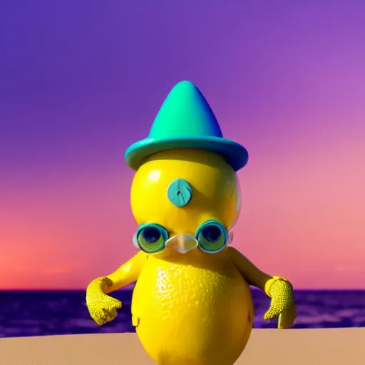 Image similar to 3 d octane render of an anthropomorphic lemon character, with lemon skin texture, it is wearing a hat and scuba diving suit, it's seen building a sandcastle on the beach at sunset, beach, huge waves, sun, clouds, long violet and green trees, rim light, cinematic photography, professional, sand, san dcastle, volumetric lightening