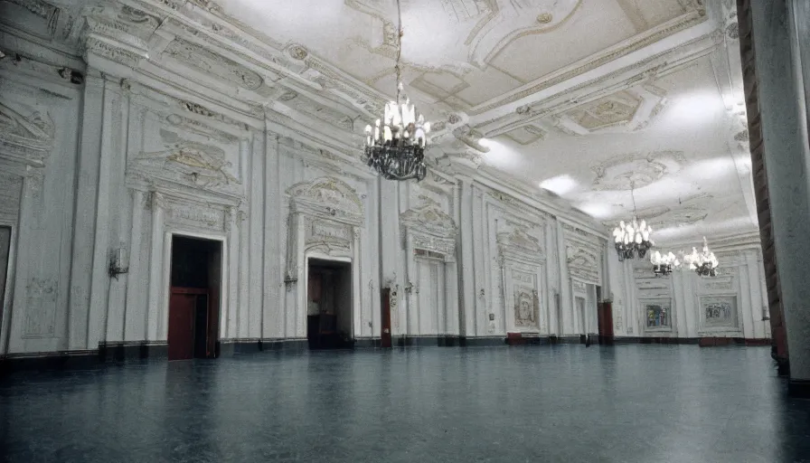 Image similar to 60s movie still of a sovietic stalinist style empty présidantial palace, cinestill 800t 50mm eastmancolor, liminal Space style, heavy grain-s 150